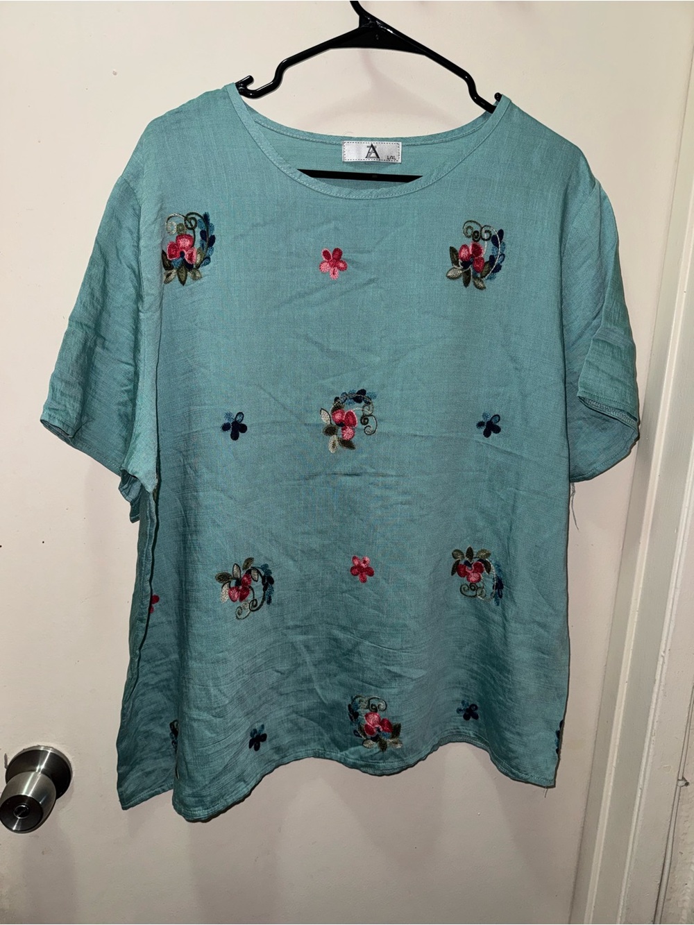Embroidered Teal Short-Sleeve Women's Blouse